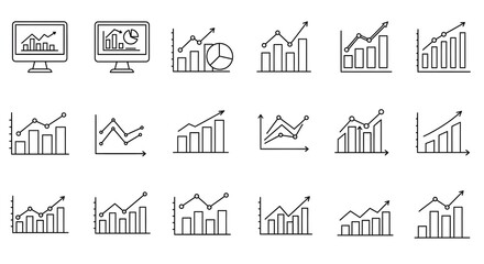 A collection of line and bar graphs representing data visualization concepts, including trends and statistics on various devices.