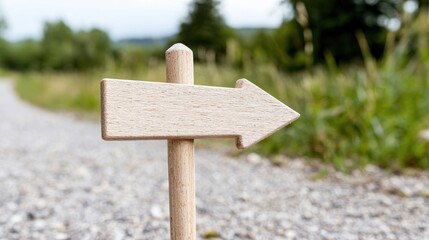 Wooden arrow signpost on rural path, nature background, direction guidance