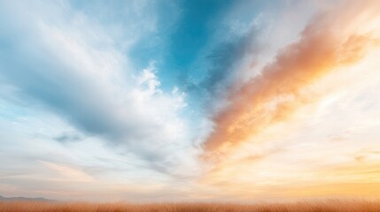 Fototapeta premium Sunset over field, dramatic sky, peaceful landscape, nature background