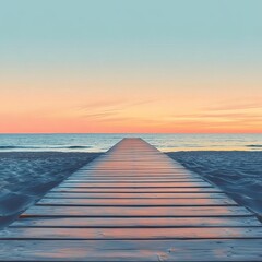Obraz premium Sunset walkway over calm ocean waters beach boardwalk landscape photography serene atmosphere wide angle view