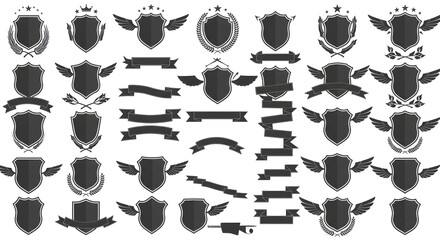 A collection of decorative shield and banner designs featuring various shapes, wings, and embellishments for branding or graphics.