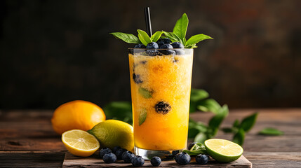 Fototapeta premium A refreshing citrus smoothie with orange, lemon, lime, and blueberries, served in a tall glass with a straw.