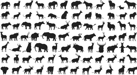 Fototapeta premium A collage of various animal silhouettes arranged in a grid, showcasing diverse species in a striking black-and-white design.