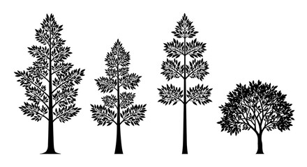 Fototapeta premium A collection of stylized black tree silhouettes showcasing various shapes and sizes, ideal for nature-themed designs or illustrations.