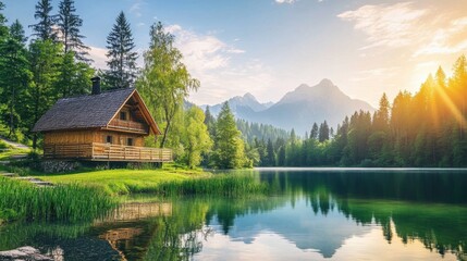 Fototapeta premium Calm morning view of Fusine lake. Colorful summer sunrise in Julian Alps with Mangart peak on background, Province of Udine, Italy, Europe. Beauty of nature concept background.