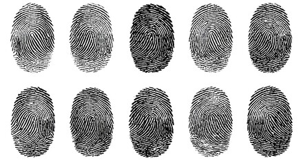 A series of ten distinct fingerprints displayed in a grid, showcasing various patterns and textures in black and white.