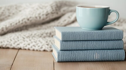 A cup of tea on books with colorful covers on a table. Concept of reading on World Book Day.