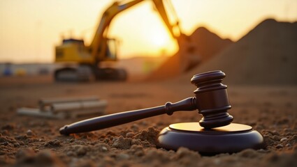 Wooden hammer and construction site at sunset