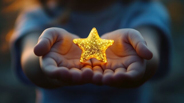 Child holding glowing golden star in open hands