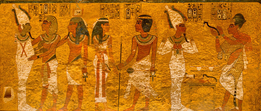 A view of an ancient Egyptian wall painting in the Valley of the Kings, showcasing the artistry and historical significance of the site.