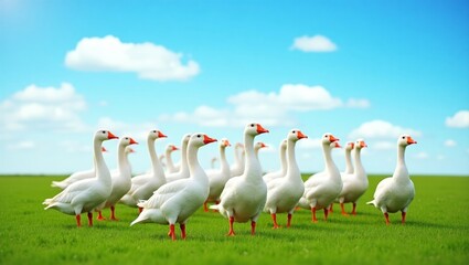 Obraz premium Serene flock of white geese on lush green field