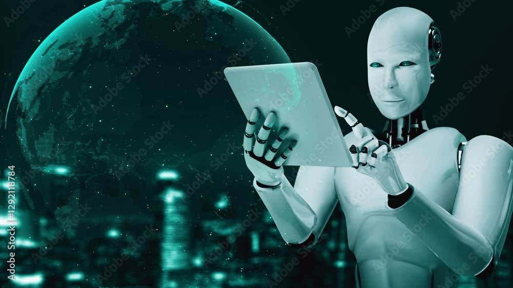 Poster ai robot huminoid uses cloud computing technology to store data on online server . futuristic concep