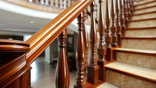 Elegant wooden staircase with detailed railing inside a modern home during daylight hours