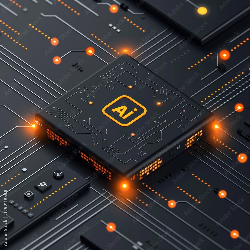 Poster bold letters spell ai intertwined with a brain model and intricate circuitry all highlighted by vibr