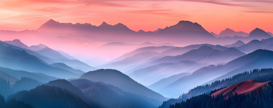 Breathtaking panoramic view of layered mountain silhouettes at sunset with vibrant sky