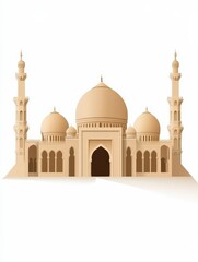 A detailed flat vector illustration of a grand mosque with domes and minarets, featuring intricate patterns and vibrant colors
