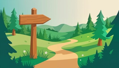 Winding forest trail with wooden signpost, nature exploration
