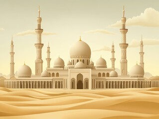Obraz premium A detailed flat vector illustration of a grand mosque with domes and minarets, featuring intricate patterns and vibrant colors