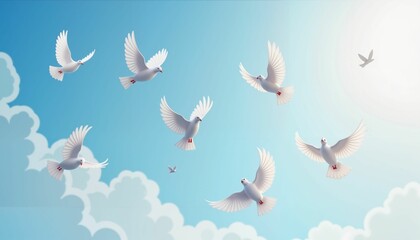 Elegant white doves soaring in blue sky, symbol of peace