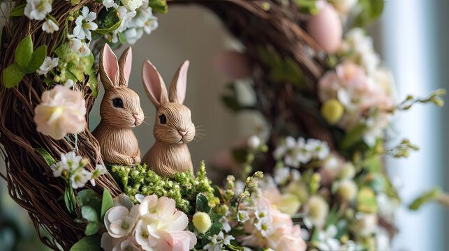 A whimsical Easter wreath of braided willow branches, decorated with soft flowers and small bunny figurines peeking through.