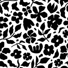 Fototapeta premium Seamless floral pattern with black silhouette flowers and leaves on a white background. Elegant botanical design for fabric, wallpaper, packaging, and modern creative projects. Vector illustration