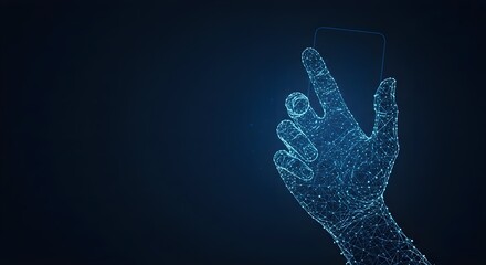 A digital hand interacts with a smartphone, represented in a blue wireframe style against a dark background.