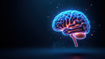 Illustration of an artificial brain with neuron lights against a dark background.