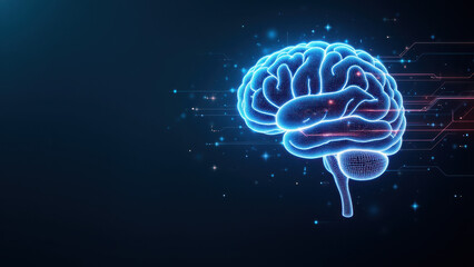 Futuristic graphic of a human brain with artificial intelligence elements like circuits and digital symbols emanating from it.