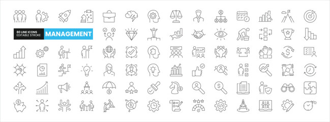 Set of 80 Management line icons set. Management outline icons with editable stroke collection. Includes Administration, Teamwork, Brainstorming, Success, Growth, and More.