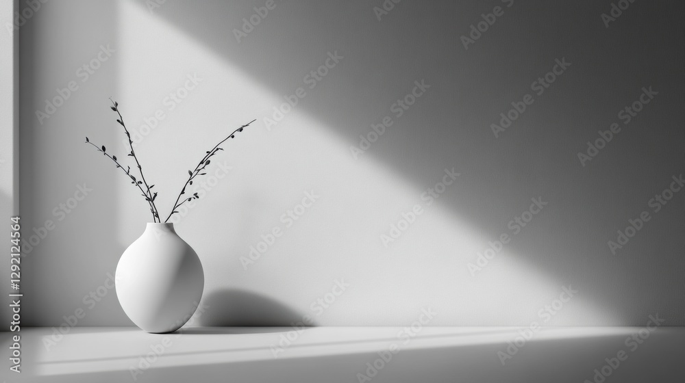 Poster minimalist decoration in a bright room with white vase and delicate branches during the afternoon li