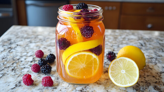 A citrus fruit and berry infused water served in a mason jar with orange slices, lemon, lime, and berries.