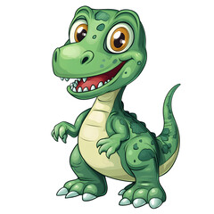 Fototapeta premium Cartoon dinosaur with green scales and friendly smile, standing playfully on a white background.