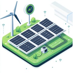 Modern renewable energy illustration with solar panels and wind turbine