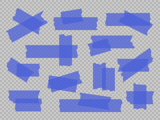 Vector collection of masking sticky tape strips in Blue color. Duct tape crossed layered pieces. Transparent adhesive tape pieces. Great for presentation collage scrapbooking planner creative design