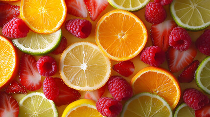 Fototapeta premium A citrus fruit tart made with lemon and orange slices, topped with fresh strawberries and a dusting of powdered sugar.