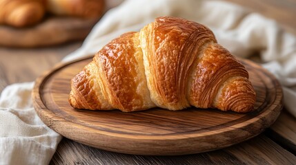 Golden Brown Croissant on Wooden Board