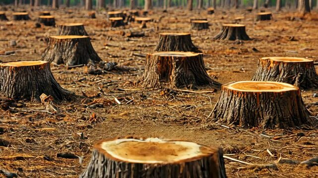 Trees cut down in a deforested area showcasing stumps and barren land during daylight hours