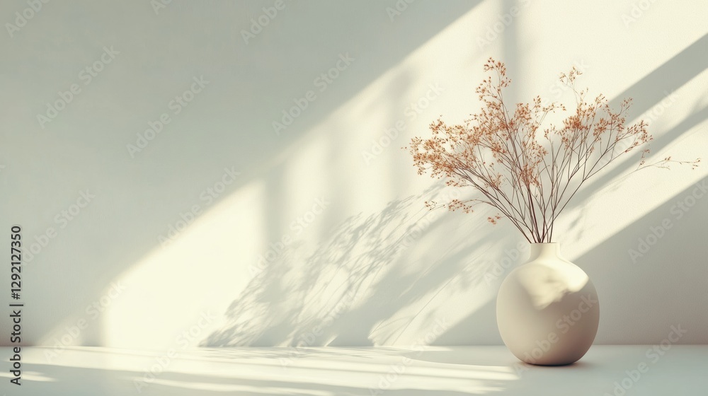 Poster natural light casts soft shadows on a vase with dried flowers in a minimalist interior setting durin