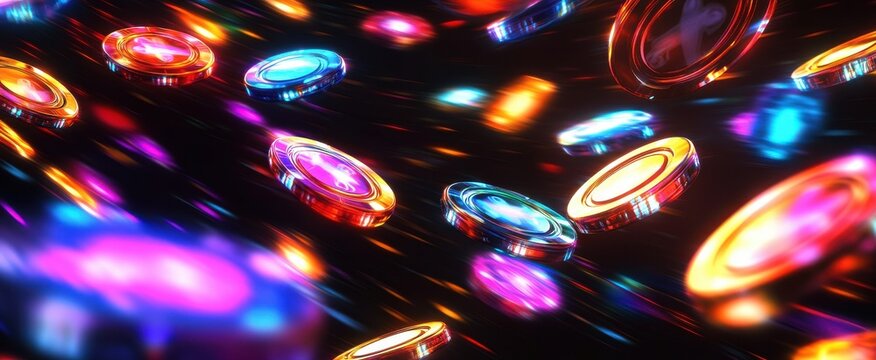 Vivid casino chips dynamically floating with a colorful glowing background