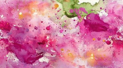 A painting of pink flowers with green leaves and yellow accents