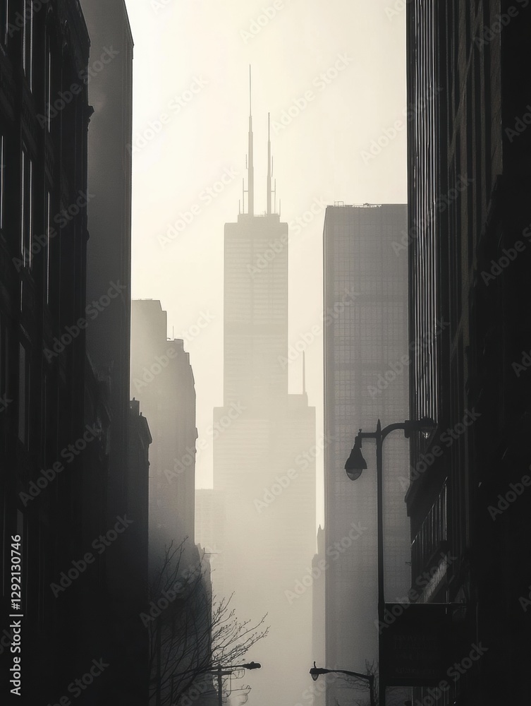 Aufkleber cityscape enveloped in heavy gray smog with silhouettes of buildings emerging in the haze. generativ