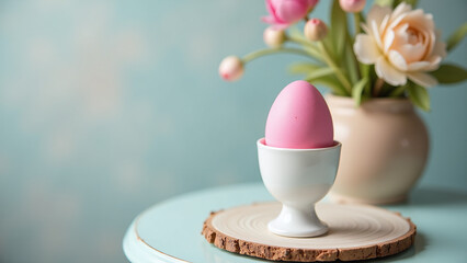 pink easter egg sitting egg cup small table nearby decorative