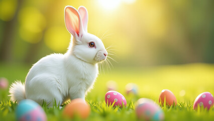 white rabbit stands fluffy ears tail sunny field filled colorful easter