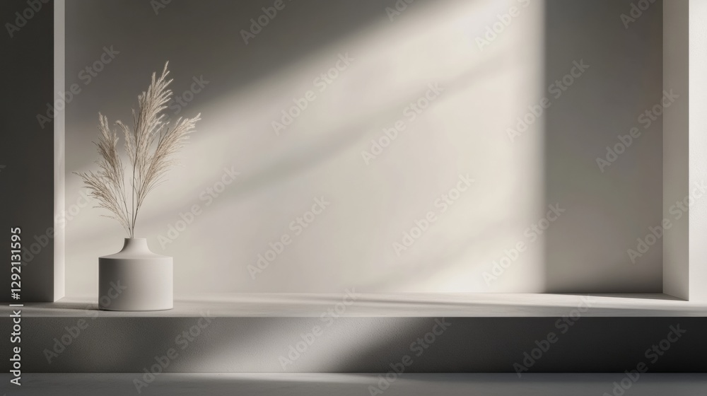 Poster minimalist decor featuring a single vase with dried plants in a softly lit interior setting. generat