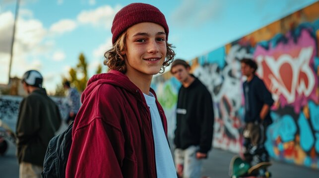 A young man wearing a red hoodie and a red beanie is smiling at the camera