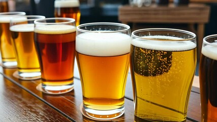 Variety of craft beers displayed on a wooden table at a brewery during an afternoon gathering