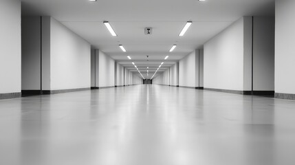 Fototapeta premium Long empty corridor, bright lights, modern building, architecture background
