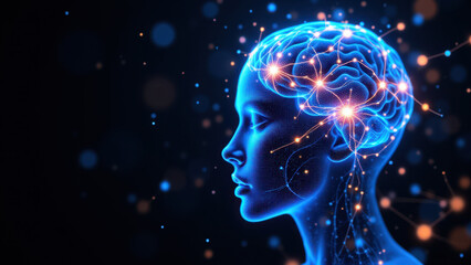 Obraz premium A digital representation of artificial general intelligence with glowing connections between a human-like face and a brain structure symbolizing advanced cognitive abilities.