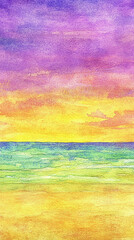 Vibrant watercolor painting of a sunset over a tranquil beach with colorful sky and ocean