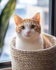 Photograph of a Snoopy cat with a chubby, round face and a cute pink nose, sitting inside a small woven basket.